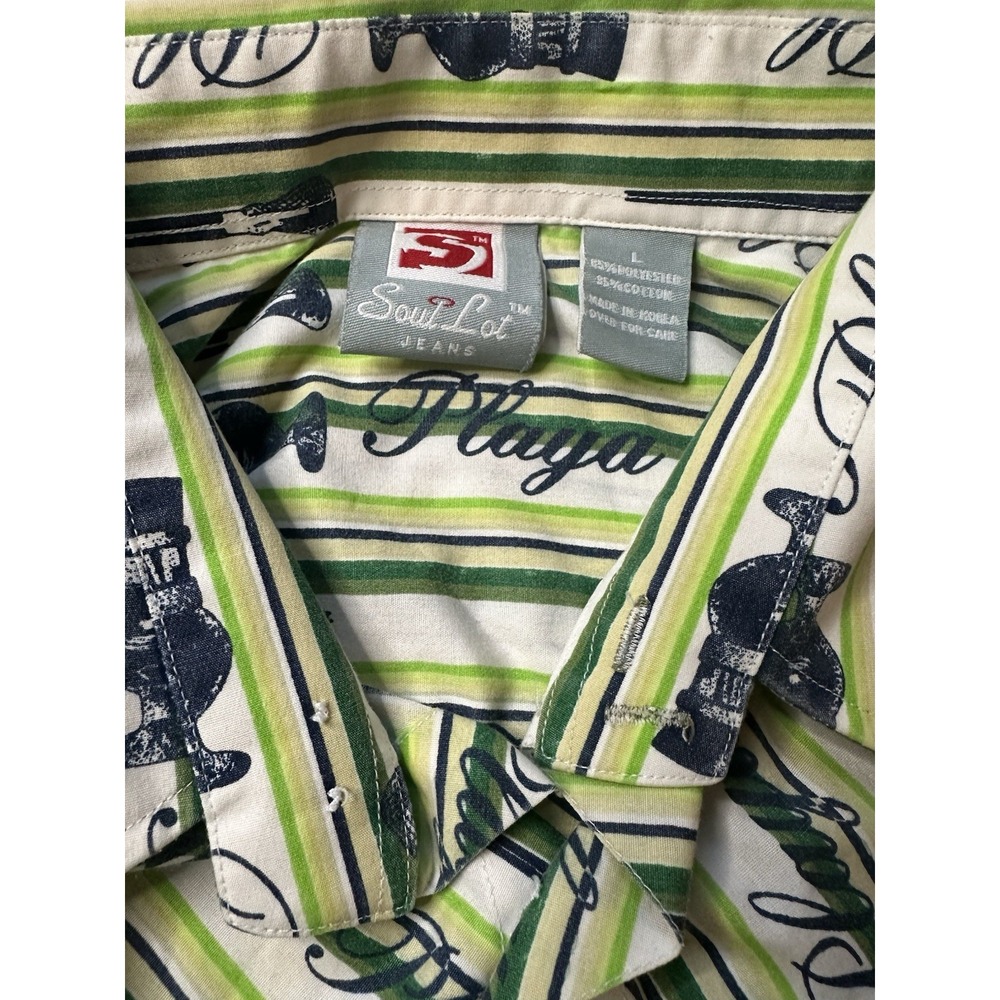 Playa Mens Large Green Striped Graphic Long Sleeve Button‎ Up Shirt